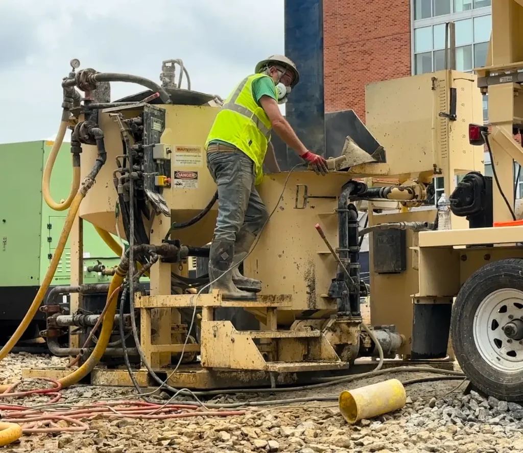 High shear colloidal grout plant on job site with integral high pressure grout pump mixing grout with operator standing on the deck.