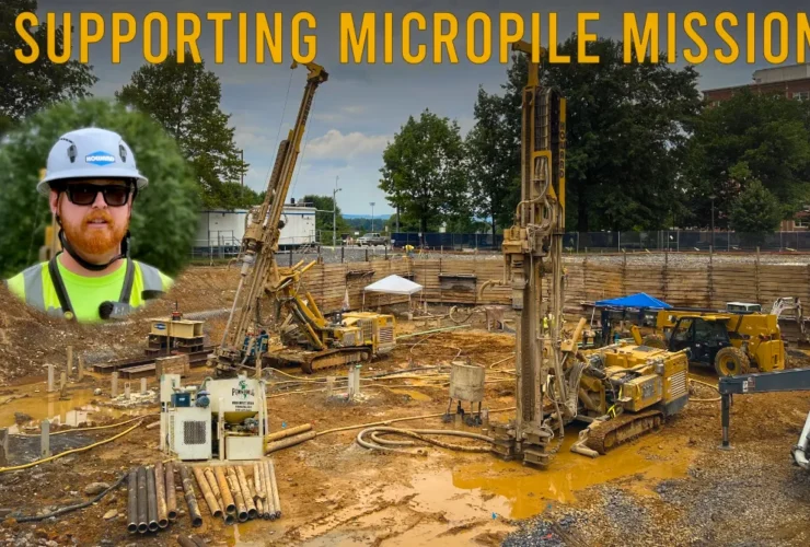 text: "SUPPORTING MICROPILE MISSION" on image of micropile job site with grouting equipment, grout plant, cement silo, and high pressure piston pump on site.