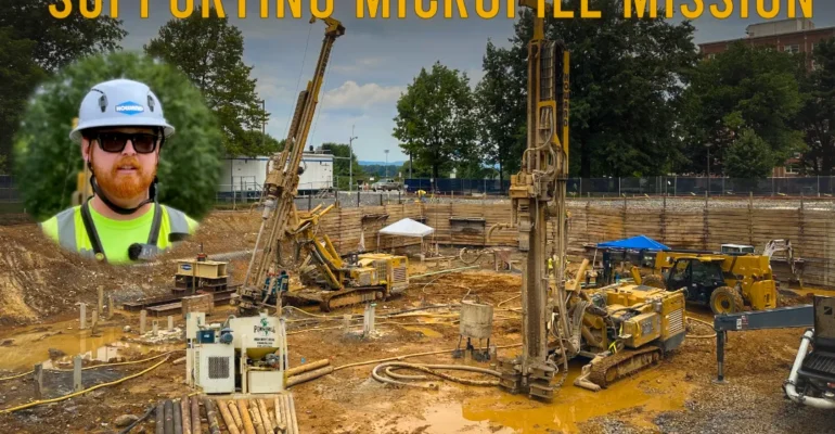text: "SUPPORTING MICROPILE MISSION" on image of micropile job site with grouting equipment, grout plant, cement silo, and high pressure piston pump on site.