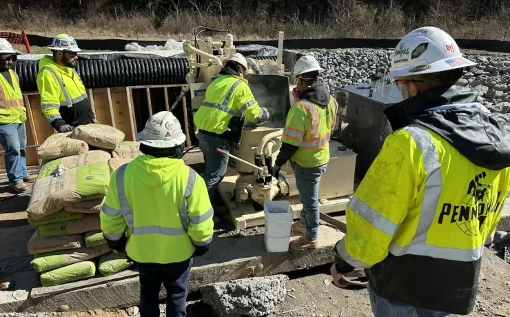 grout-mixer-maintenance-1 - Pennsylvania Drilling Company Man overlooking operator of grout mixer, providing training on grout mixer maintenance.