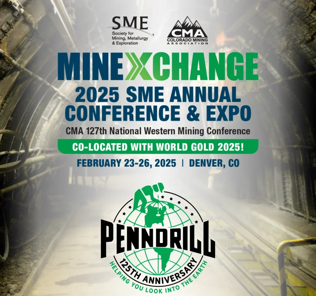 Mining tunnel with graphic over top to describe the minexchange 2025 tradeshow in Denver Colorado. Also has the 125 year anniversary Penndrill logo