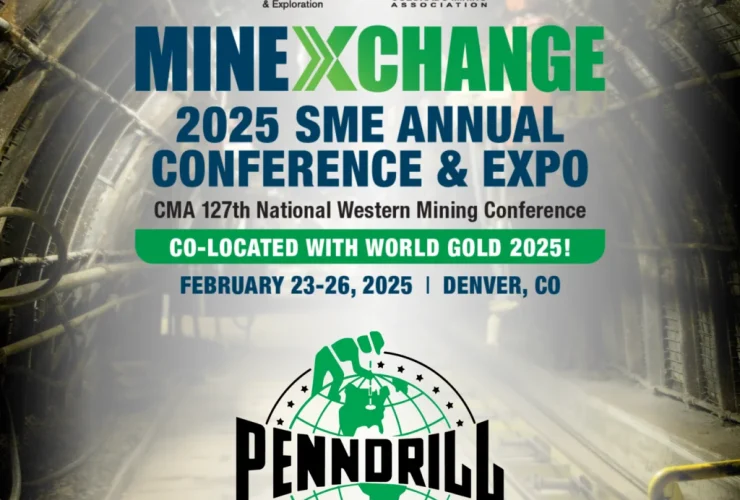 Mining tunnel with graphic over top to describe the minexchange 2025 tradeshow in Denver Colorado. Also has the 125 year anniversary Penndrill logo
